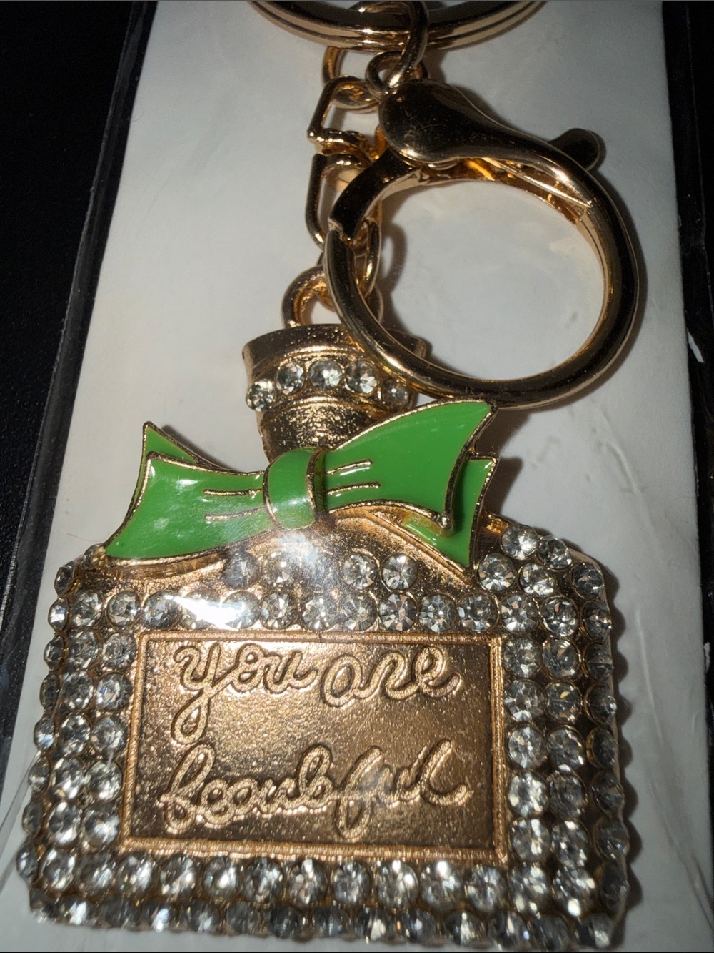 Gold Crystal Perfume Bottle Keychain with Green Bow - Women Accessories